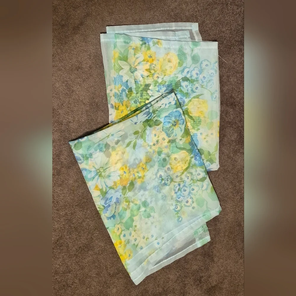 VINTAGE Sheer Curtains with Blue and Green Floral Design